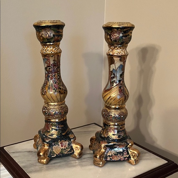 Pair of Royal Satsuma hand painted candle holders.